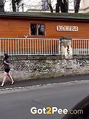 15 pictures - Dark haired babe pulls her panties while pissing