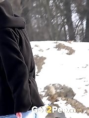 15 pictures - Gorgeous European pisses outside on a blue sheet