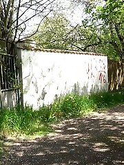 15 pictures - Blonde with tattoos pisses on an outdoor path