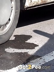 15 pictures - Pretty brunette pisses next to a parked van