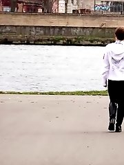 15 pictures - Short haired babe sprays her piss over the ground
