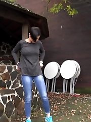 15 pictures - Gorgeous babe in sneakers squats to piss outside