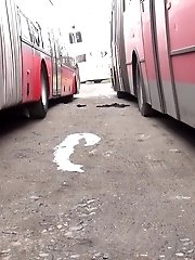 15 pictures - Sexy blonde girl pisses between parked buses