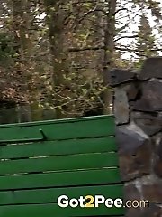 15 pictures - Pretty blonde in short skirt pisses on decking