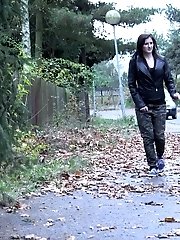 15 pictures - Dark haired babe pisses on a path