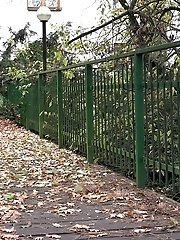 15 pictures - Gorgeous raven haired girl pisses on wooden path