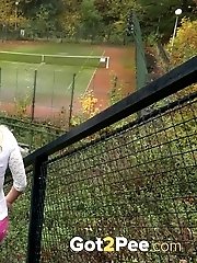 15 pictures - Gorgeous blonde is desperate to piss outside