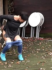 15 pictures - Gorgeous babe in sneakers squats to piss outside