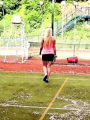 15 pictures - Blonde in short black skirt pees from high chair