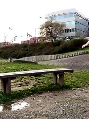 15 pictures - Blonde with bare pussy pisses outside