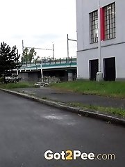 15 pictures - Blonde squats to piss next to a parked car