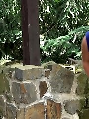 15 pictures - Blonde babe in blue pisses on the ground outside