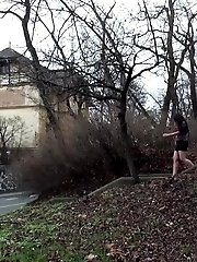 15 pictures - Dark haired babe pulls her panties while pissing