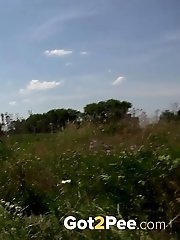 15 pictures - Gorgeous brunette squatting to pee in long grass