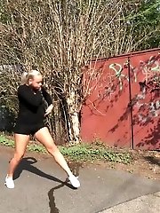 15 pictures - Hot blonde Naomi squats on the road to piss