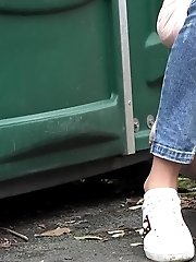 15 pictures - Blonde Katy squats to piss in front of portaloo