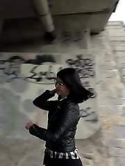 15 pictures - Pretty dark haired girl in glasses pees outside