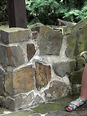 15 pictures - Blonde babe in blue pisses on the ground outside