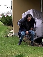 15 pictures - Dark haired European squats to piss in public