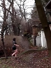 15 pictures - Dark haired babe pulls her panties while pissing