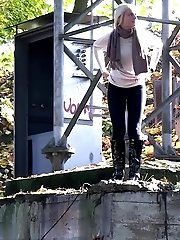 15 pictures - Hot blonde pisses on a tree lined path