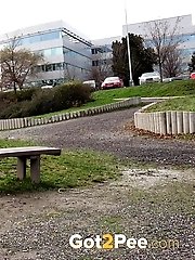 15 pictures - Blonde with bare pussy pisses outside