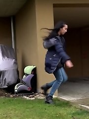 15 pictures - Dark haired European squats to piss in public