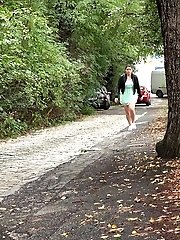 15 pictures - Chubby girl pulls up her dress to piss outside