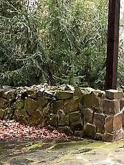 15 pictures - Gorgeous redhead squats to piss outside