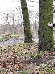 15 pictures - Chubby girl squats outside to piss in the woods