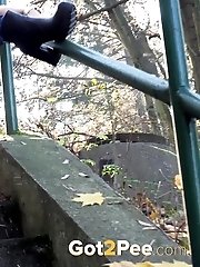 15 pictures - Messy outdoor pissing for pretty blonde babe