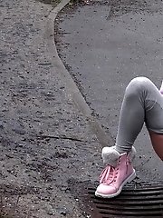 15 pictures - Blonde babe Claudia pisses down a drain outside