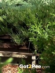 15 pictures - Brunette has a really long piss on a bench