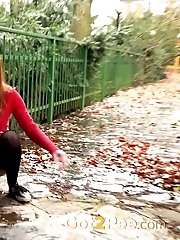 15 pictures - Gorgeous redhead squats to piss outside