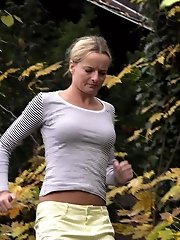 15 pictures - Hot blonde is desperate to piss while outside