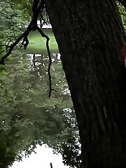 15 pictures - Cute European leans against a tree to pee