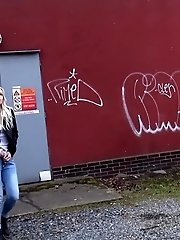15 pictures - Pretty blonde squats on concrete to piss