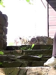 15 pictures - Dark haired babe pisses down stone steps