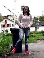 15 pictures - Brunette in glasses pees onto her trainers