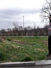 15 pictures - Dark haired girl pisses by a public car park