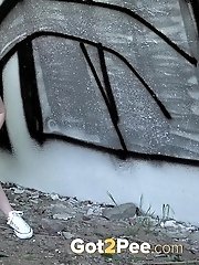 15 pictures - Blonde babe squats and pisses outside near a wall