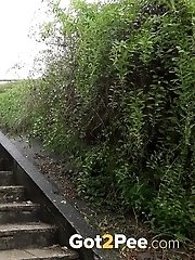 15 pictures - Brunette pissing in public over concrete steps