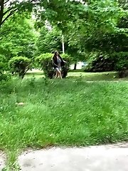 15 pictures - Gorgeous brunette pulls her g string to pee