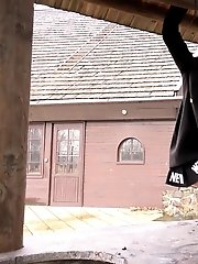 15 pictures - Redhead in knee high socks pisses outside