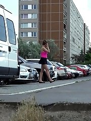15 pictures - European babe pulls her panties to the side to pee
