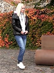 15 pictures - European blonde squats to piss while outside
