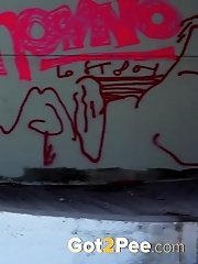 15 pictures - Sexy dark haired girl fires piss onto the concrete