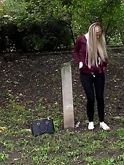15 pictures - Sexy blonde takes a break from work to piss