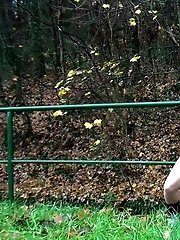 15 pictures - Brunette pisses while standing up next to a road