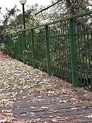 15 pictures - Gorgeous raven haired girl pisses on wooden path